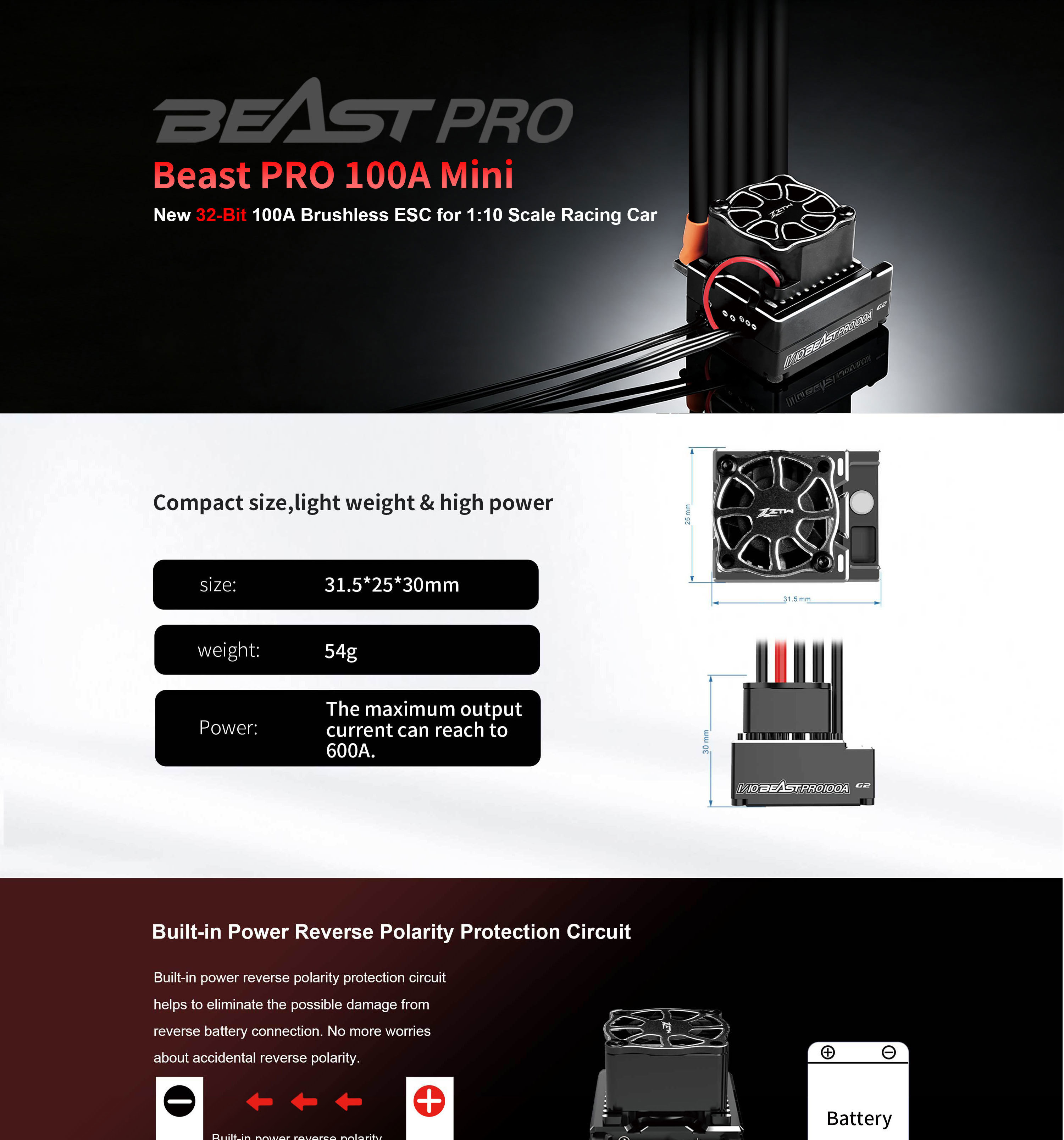 2-3S Compact ZTW Beast PRO 100A Mini ESC For 1:10 Touring Drift And RC Crawler