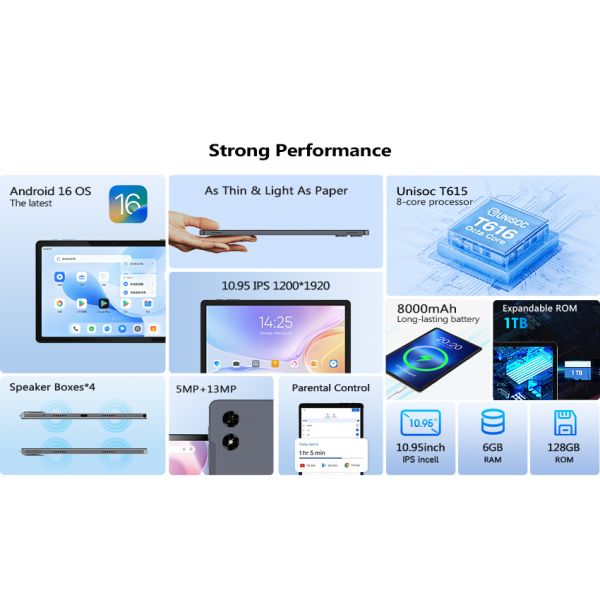 Kinstone 10.95inch Andriod 16 Tablet PC 8000mAh, 1200*1920 FHD Incell, 6GB+128GB