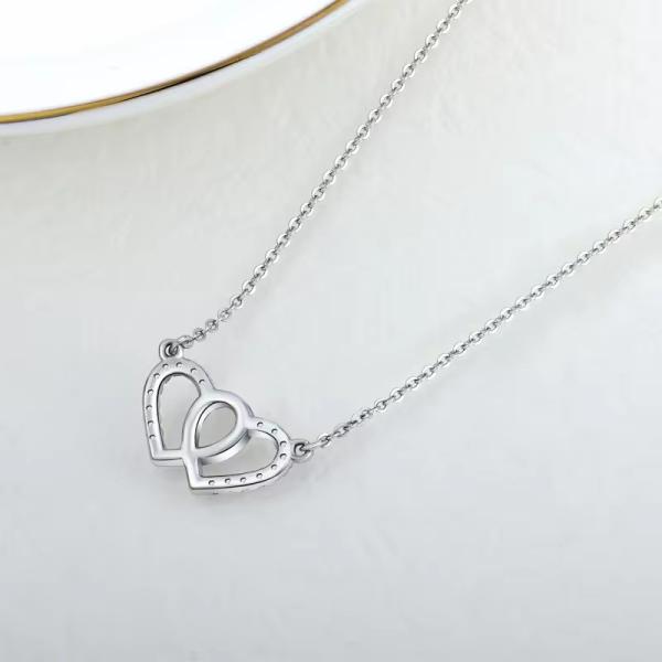 YASVITTI White Cubic Zirconia Trendy Rhodium Plated 925 Double Sterling Silver Heart Necklace Jewelry For Valentine Gift