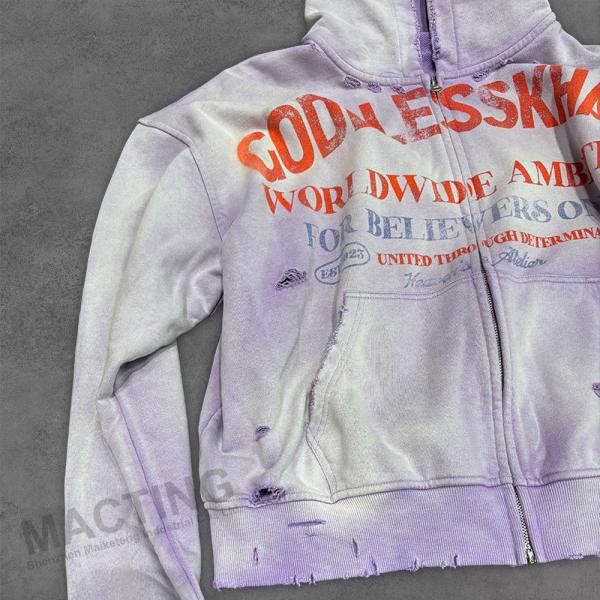 S-6XL Custom Size Distressed Hoodie 100% Cotton French Terry Sun Faded Acid Wash