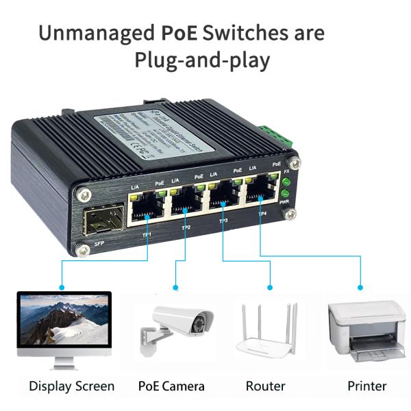 Mini Industrial 4-Port 10/100/1000T 802.3at PoE + 1-Port 100/1000X SFP Ethernet Switch with 12~48VDC Input and Voltage Booster