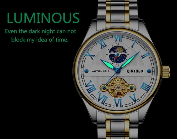 Brand KINYUED automatic skeleton watch gold dial moon phase tourbillon mens automatic watch