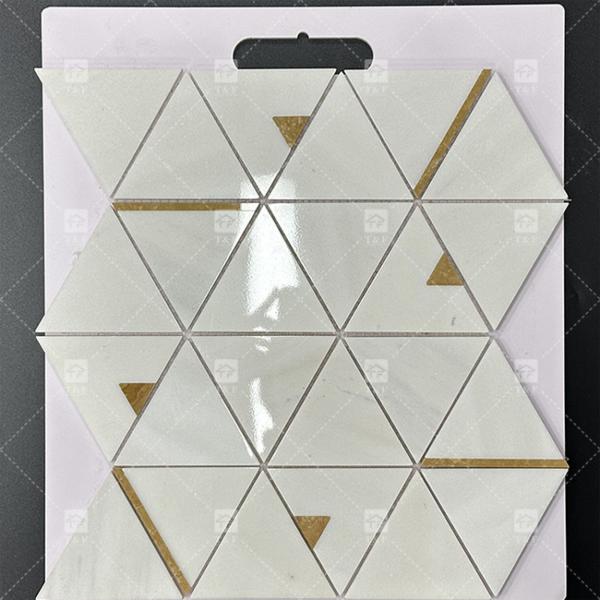Triângulo de pedra de mármore azulejos de mosaico de luxo com aço inoxidável azulejos de metal mosaico backsplash banheiro