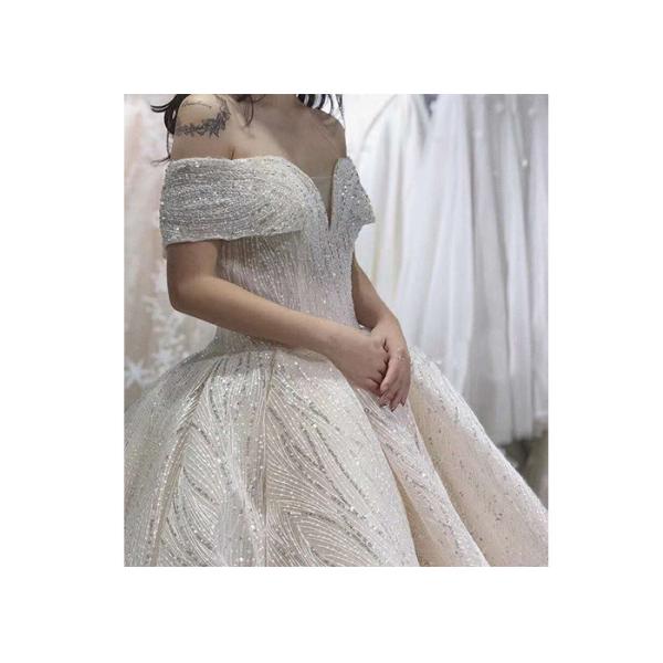 Big Long Tail Bridal Gown Light Gold Beading Off Shoulder Sexy Ball Gown