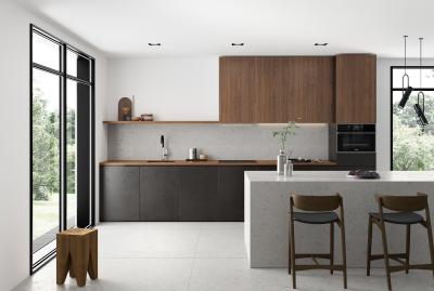 Tailored Modern Melamine Kitchen Cabinet Quartz Stone Island Table Wood Veneer Cabinet
