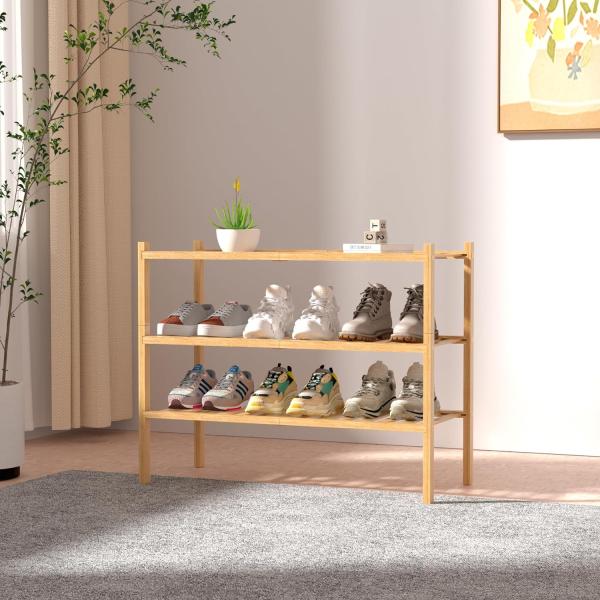 Home Storage Wood Shoe Rack for Small Spaces 3 Tier Bamboo Shoe Shelf Organizer
