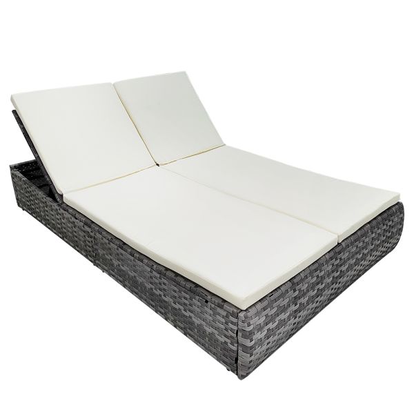Leisure Outdoor Rattan Double Sun Bed Rattan Wicker Chaise Lounge 2 Person Daybed  Curved Modern Furniture Gray