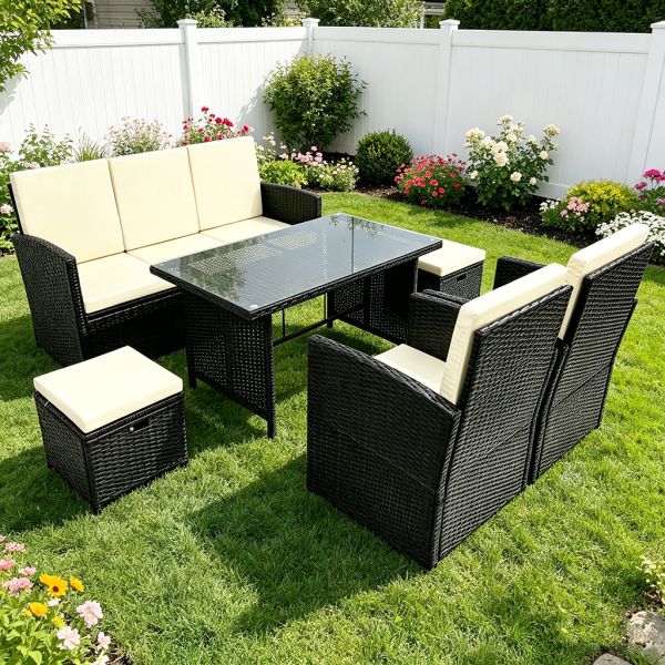Outdoor Garden and Patio Furniture Set Dining Table and Chairs Rattan  2 Seat and Single Armchair 2 Pieces Stool 1 Piece Table