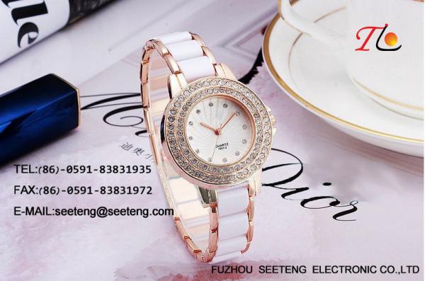 Lady watch  white bracelet metal band and double circle diamond inset case