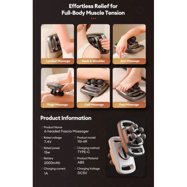 Professional Deep Muscle Massage Gun with Brushless Motor 6 Massage Heads and 9 Vibration Speed Levels for Deep Fascial Relief