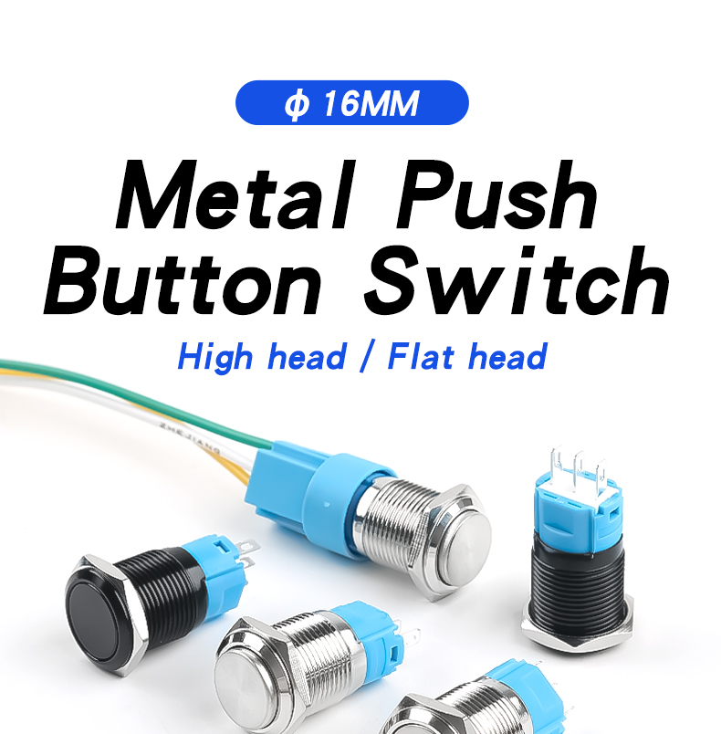 16mm Metal Push Button Switch with Silver and Black Casing Self Locking and Self Resetting Without Light High Head Flat Head