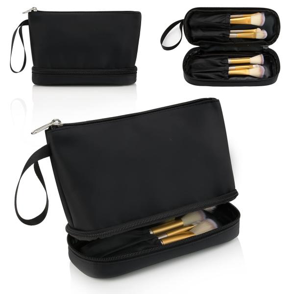 Fashion Black Waterproof Two Layer Cosmetic Pouch Ladies Carry On Clutch Makeup Bag With Brush Organize