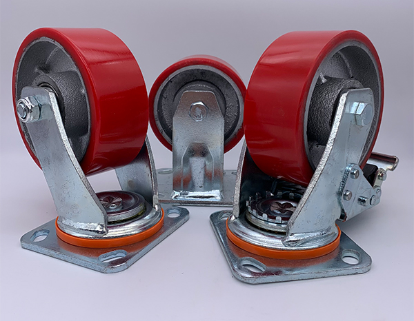 Рицинус 6 дюймов сверхмощный с красным полиуретаном на стальных колесах