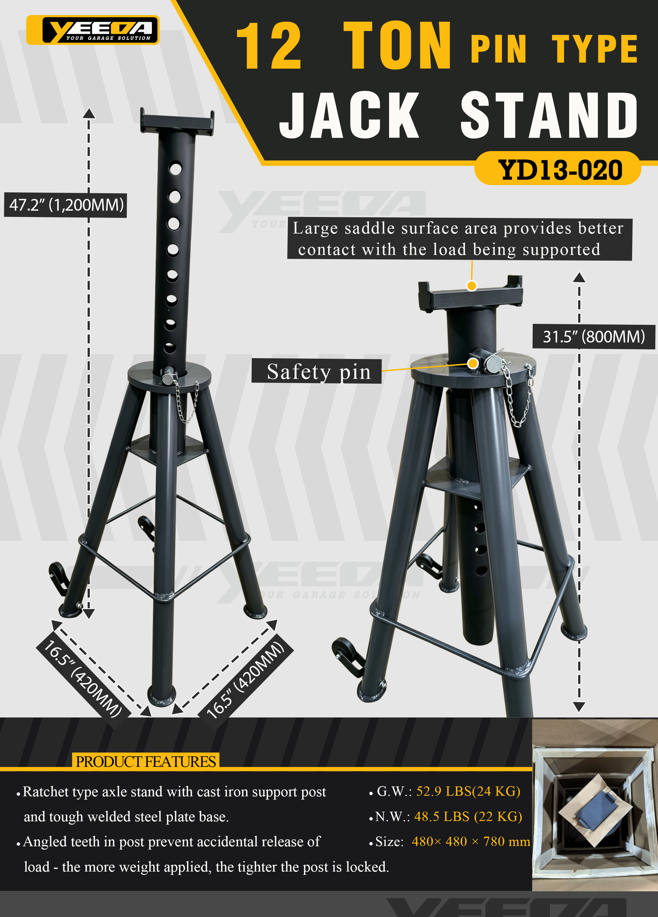 12 Ton Capacity Pin Type Jack Stand with Safety Pin and Angled Teeth Post Lock and Large Saddle Surface Area