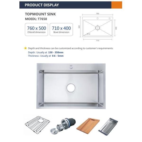 76x50 Topmount Stainless Steel Kitchen Sink Rectangular 16 Gauge