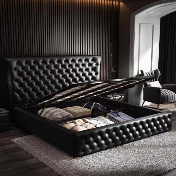 5 Star Hotel Bedroom Furniture Double Black Grid Solid Wood King Size Bed