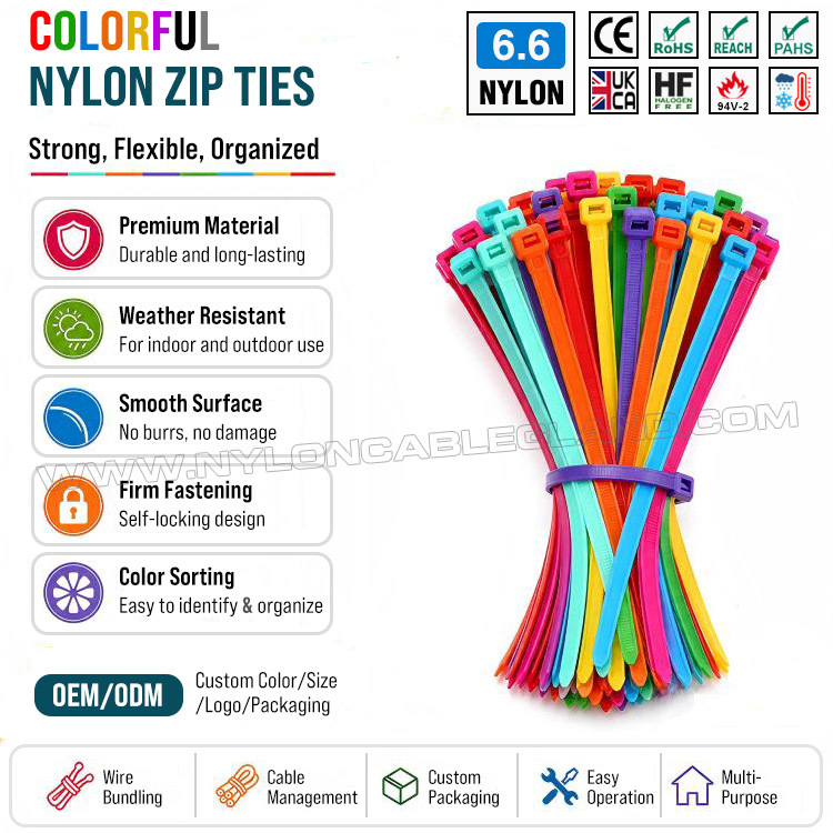 OEM factory of colored cable zip tie wraps & cable management solutions Colored Cable Tie 200mm x 4.8, 3~50mm Adjustable Nylon 66 Multicolor Zip Tie (222N / 50LBS) for Cable Visual Management
