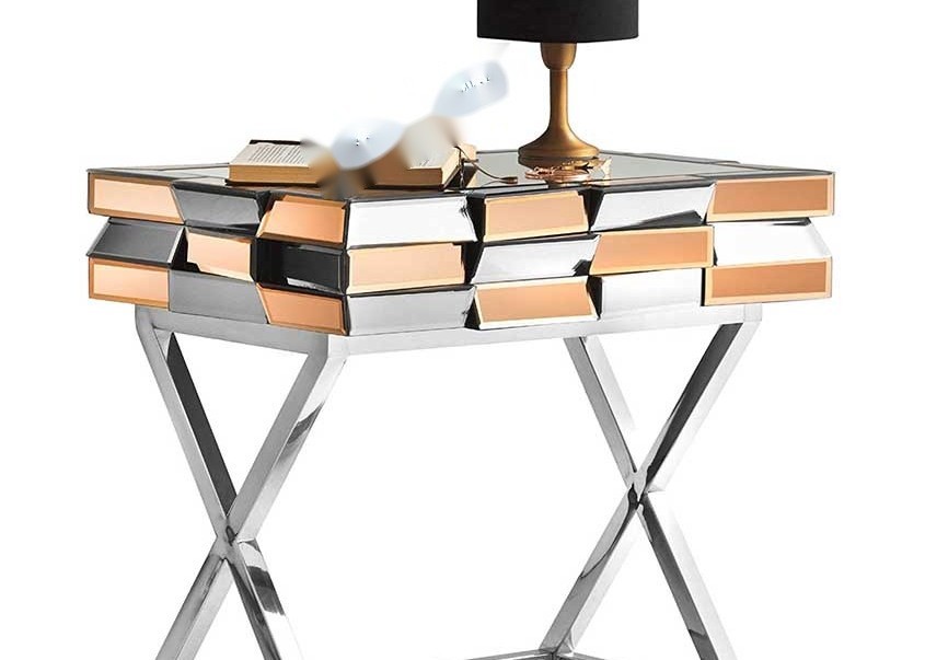 Mirrored Finish Coffee Table with Metal Leg and Rose Gold Mirror