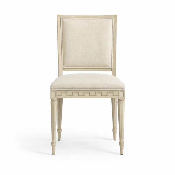 French Style Solid Wood Dining Chair with Hand-Carved Geometric Detailing and Premium Natural Linen Fabric