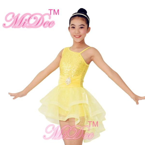 Girls Ballet Costume Front Shorter Back Longer Tulle Skirt Outfit With Rhinestones Trim