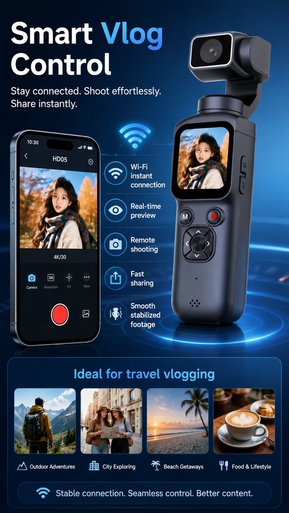 WiFi Handheld Action Camera Portable HD Pocket Camcorder Anti Shake Ultra Clear Motion Recording