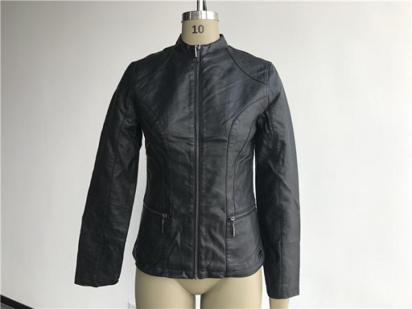 Black Ladies PU Jacket With Gunmetal Zip Through And Mandarin Collar TW76431