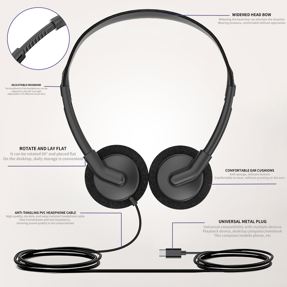 JTY-0121 Wired Head Mounted Headphones 3.5mm/Type-C Plug Lightweight Headphones Comfortable Earcups Stereo Audio Headphones Suitable for Aviation/Train/Classroom/Office/Museum OEM/ODM Customization