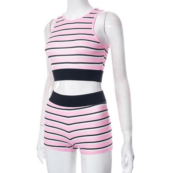                  Fitness Women Two Piece Sets Sleeveless Trend Tank Top+High Waist Shorts Bodycon Patchwork Sportswear Tracksuit Suit             