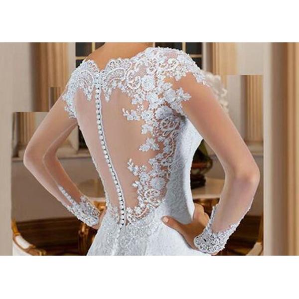 Long Sleeve Lace Mermaid Bridal Gowns Pure White Beading Perspective Back