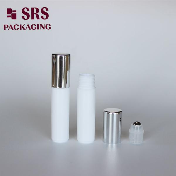 SRS empty cosmetic 5ml white plastic roller ball bottle with silver cap