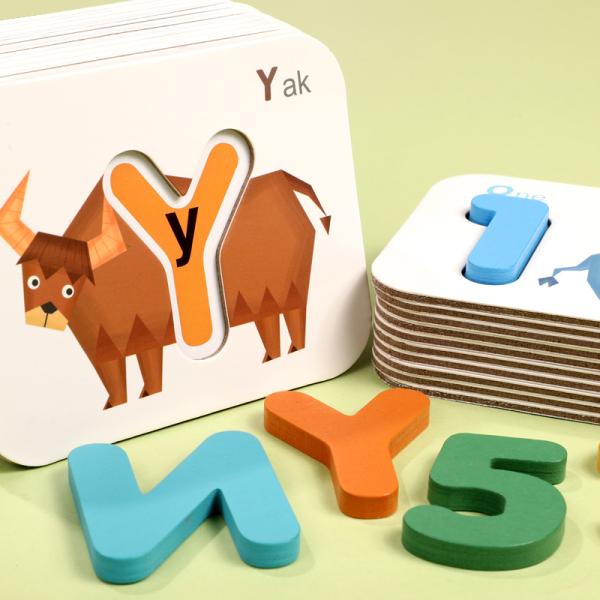 Wooden Number Alphabet Cognitive Education Matching Card Children's Early Education Stereo Two Sided English Word Puzzle Toys