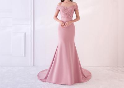 Off Shoulder Pink Mermaid Bridesmaid Dresses Lace Beading Elastic Sweep Train