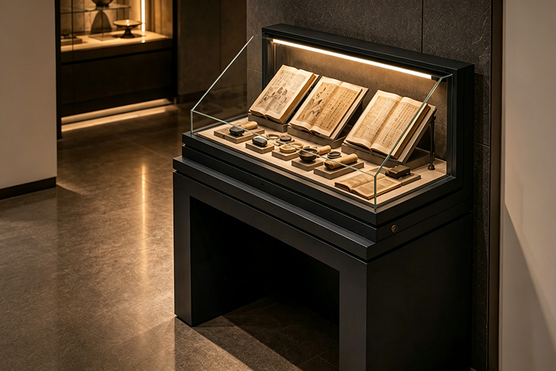 Custom Gas-Strut Hydraulic Lift Museum Display Case with Anti-Glare Low-Iron Glass Lid and Adjustable Acrylic Book Cradles