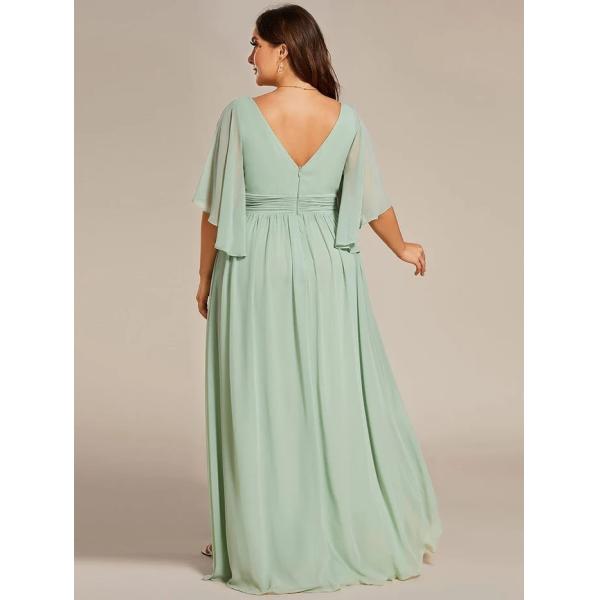 Plus Size A-line Half Sleeves V-neck Ruffled High Slit Purple Orchid Chiffon Evening Dress