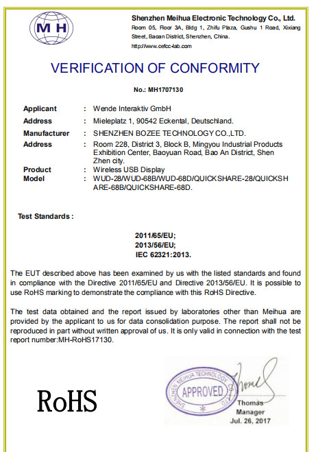 Shenzhen Bozee Technology Co., Ltd. Сертификации
