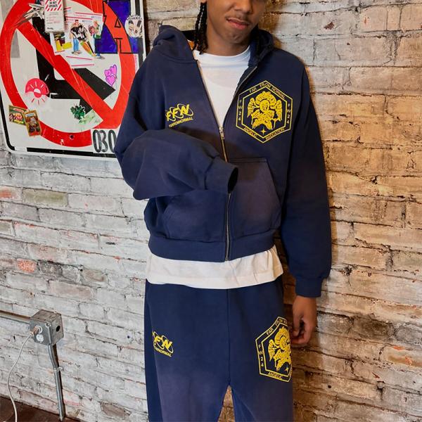 Logo imprimé à l'écran Laver à l'acide Fermeture à glissière Hoodie Soleil s'estompe Distressed Black Hoodie 420 grammes