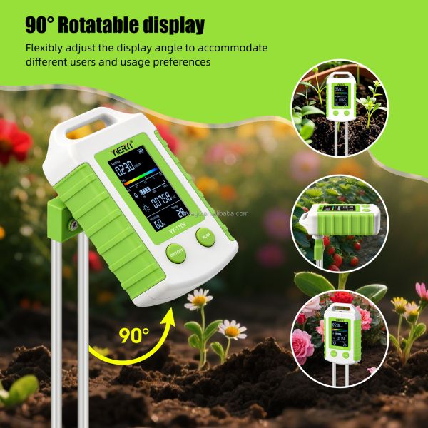 YIERYI 6-in-1 Soil Tester with 90° Rotatable Display for One-Step Operation - Measures pH, Fertility, Moisture, Light, Temperature, and Humidity