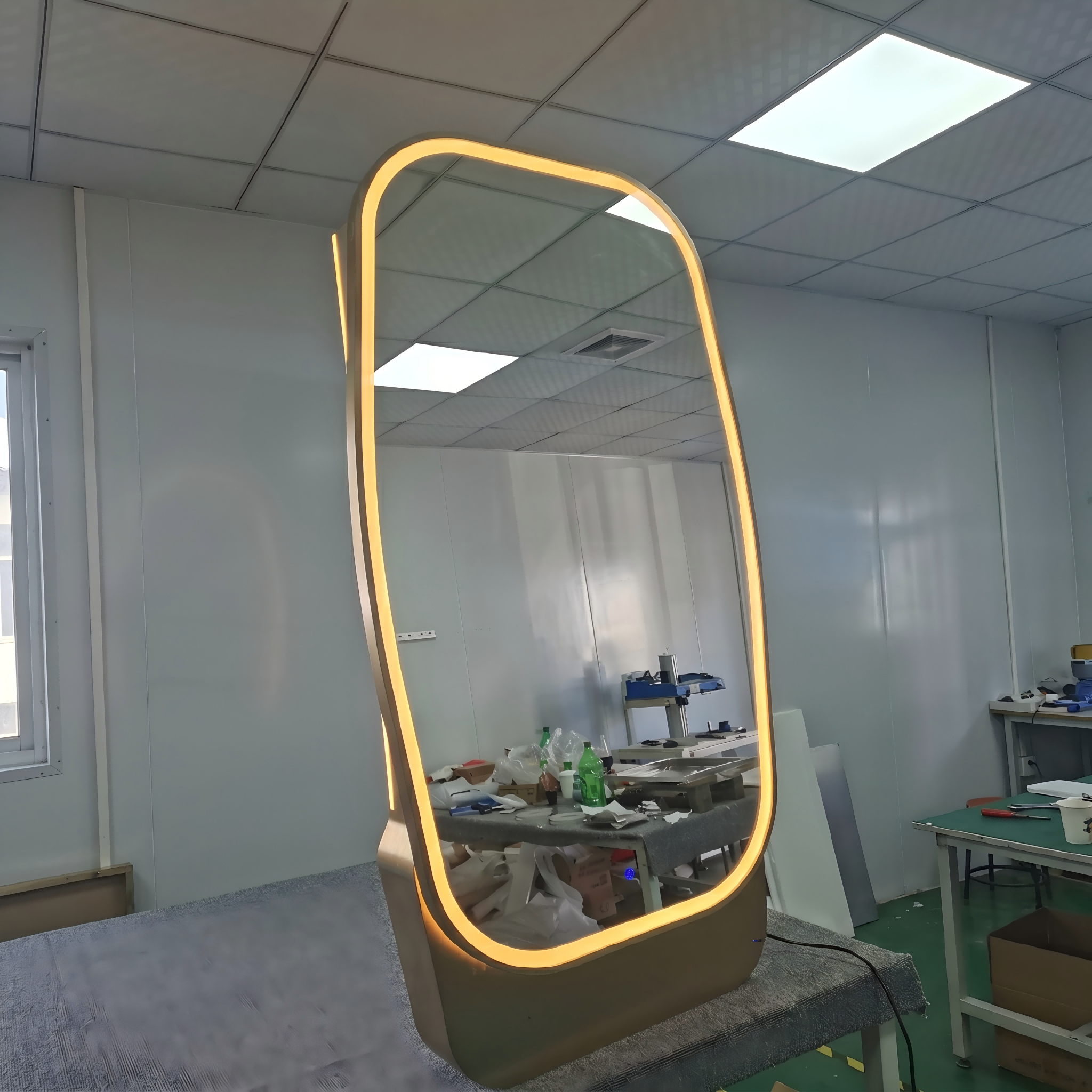 Kingstin Custom Smart LED Bathroom Mirror with Storage, Anti-Fog, Dimmable, Time Display, Gold Aluminum Frame