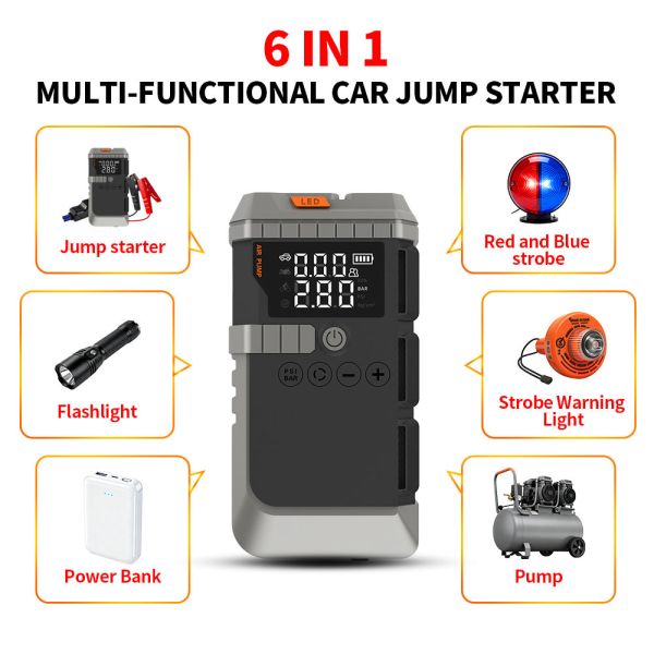 Portable Battery 8000mAh Jump Starter With Air Compressor Type C Charging LED Display Car Battery Jump Box