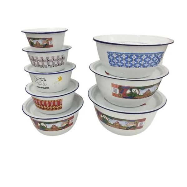 Round Enamel Basin Bowl Customized Logo Carbon Steel Decal Lard Bowl Daily Use