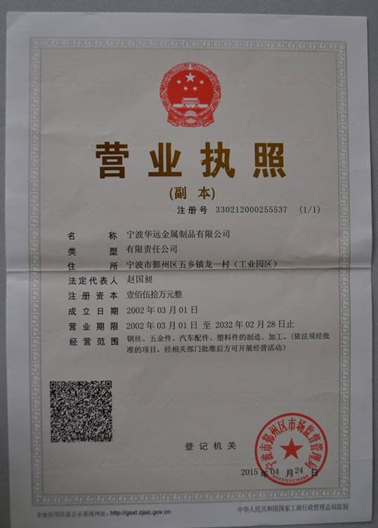 Ningbo Huayuan Metal Products Co., Ltd. Сертификации