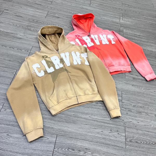 Ensemble de survêtement à capuche zippée délavée avec appliqués et broderies déchirées pour streetwear personnalisé, pantalon de jogging