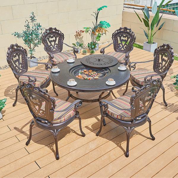 Water Proof Villa Round Patio Dining Set Garden Cast Aluminum BBQ Table and 6 Chairs