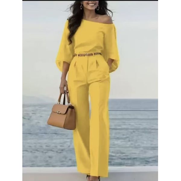 Elegant Off-Shoulder Belted Waist Wide-Leg Jumpsuit for Women - Stylish Romper for Casual and Semi-Formal Wear