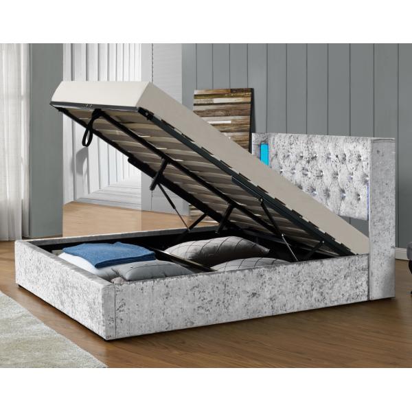 Удобный серебряный бархат толкотни кровати хранения подъема газа ткани с изголовьем света СИД