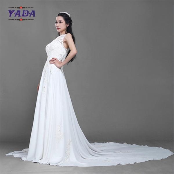 Novos bordados de pérolas de moda princesa de renda sem mangas uma linha sexy vestido de noiva com longo comboio