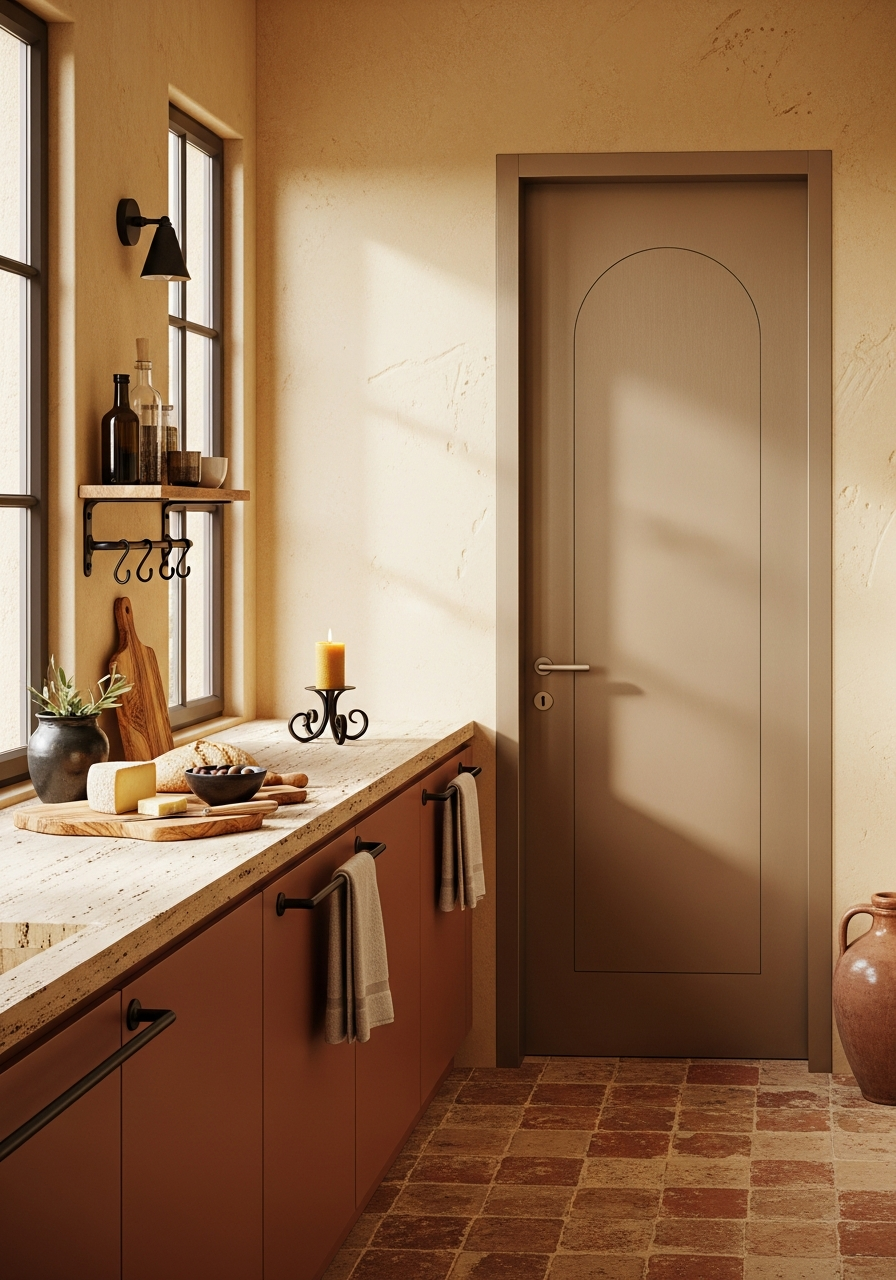 Arched Mediterranean Entry Door with Travertine Inlay - 304 Stainless Steel