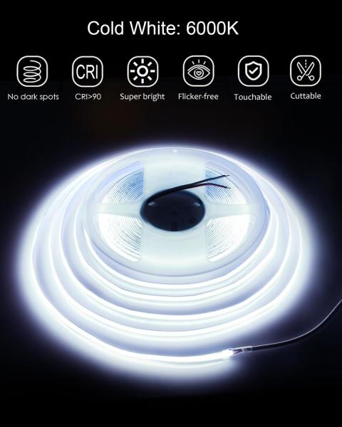9.84ft 480leds/m 24v 6000K 10mm COB Led Light Strip Daylight White for indoor lighting decoration