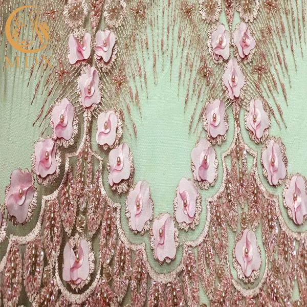 Pink 3D Flower Embroidered Lace Fabric For Wedding Dresses