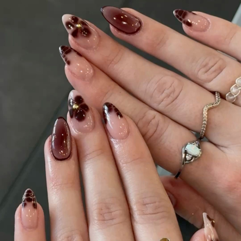 Dark Red Floral Leopard Press On Ombre Nails 24pcs Almond Glossy